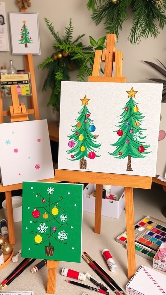 Simple Christmas paintings of a tree, ornaments, and snowflakes in a colorful art studio.